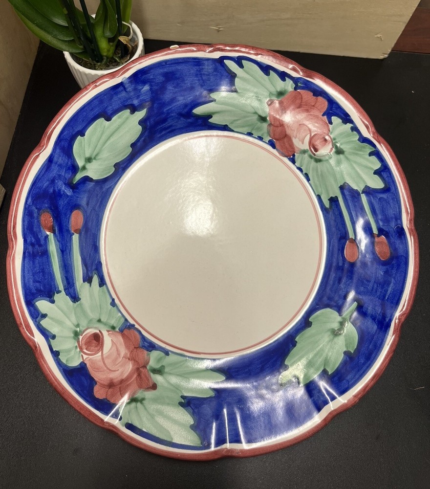 Vintage Solimene Italian Hand Painted Ceramic Plate Pink Roses Made in Italy