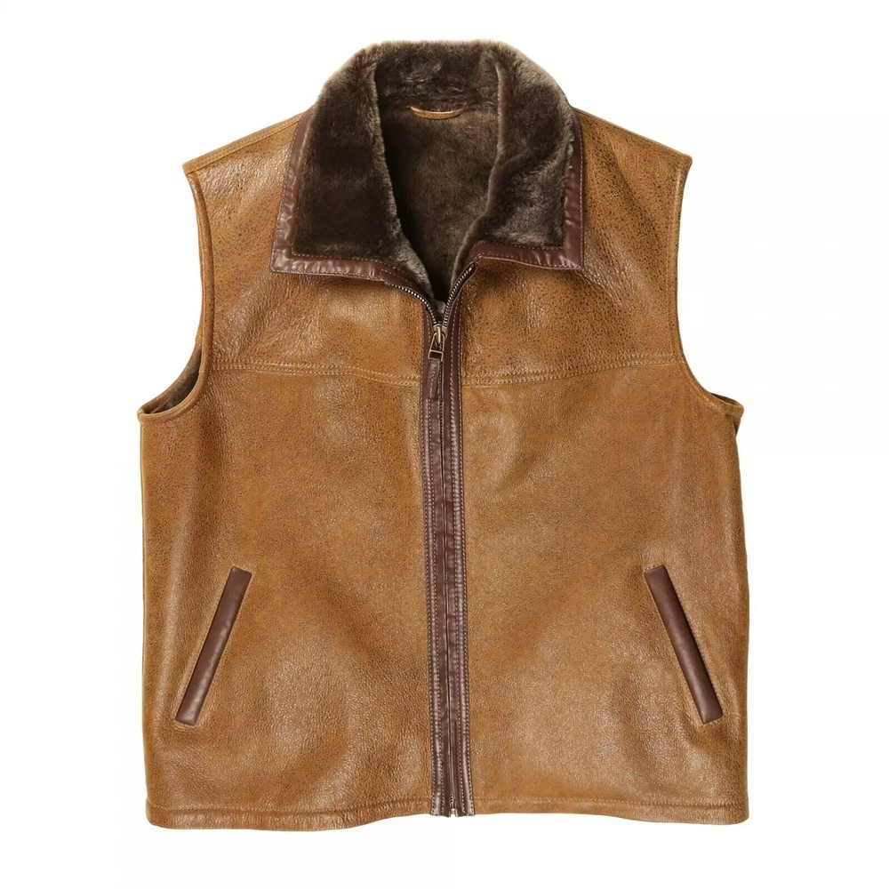 Men's Real leather Brown Fur Shearling Sheepskin Leather Vest