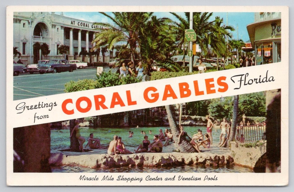 Coral Gables Florida Miracle Mile & Venetian Pools Chrome Postcard
