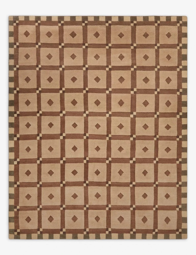 Hand Tufted Wool Rug – Beige Brown Diamond Grid Area Carpet for home decor