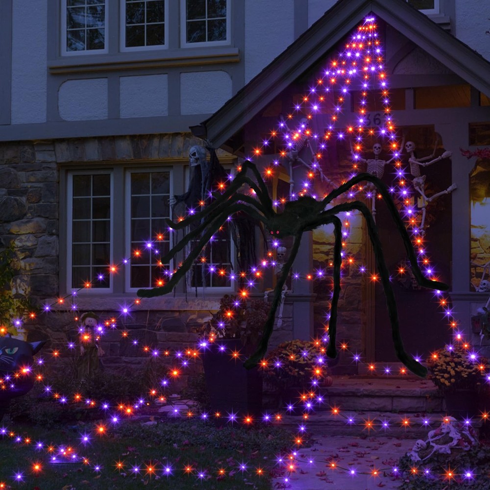 Halloween Spider Web Lights Kit 455 LED & Large Spider Decor Outdoor 16.4 ft