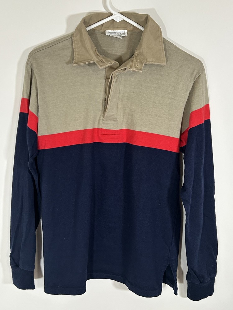 Vintage L S Ayres & Co Rugby Shirt Men's M Henley Beige Red Blue Long Sleeve