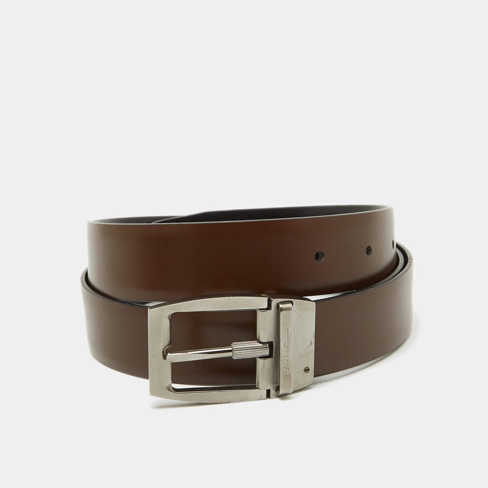 Salvatore Ferragamo Dark BrownBlack Leather Cut to Size Buckle Belt