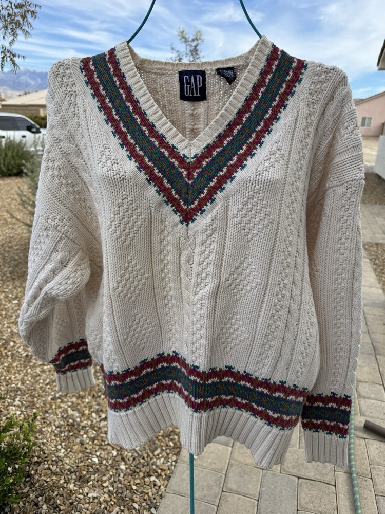 Vintage Gap Vneck Sweater Unisex Cream Holiday Cotton Knit Large