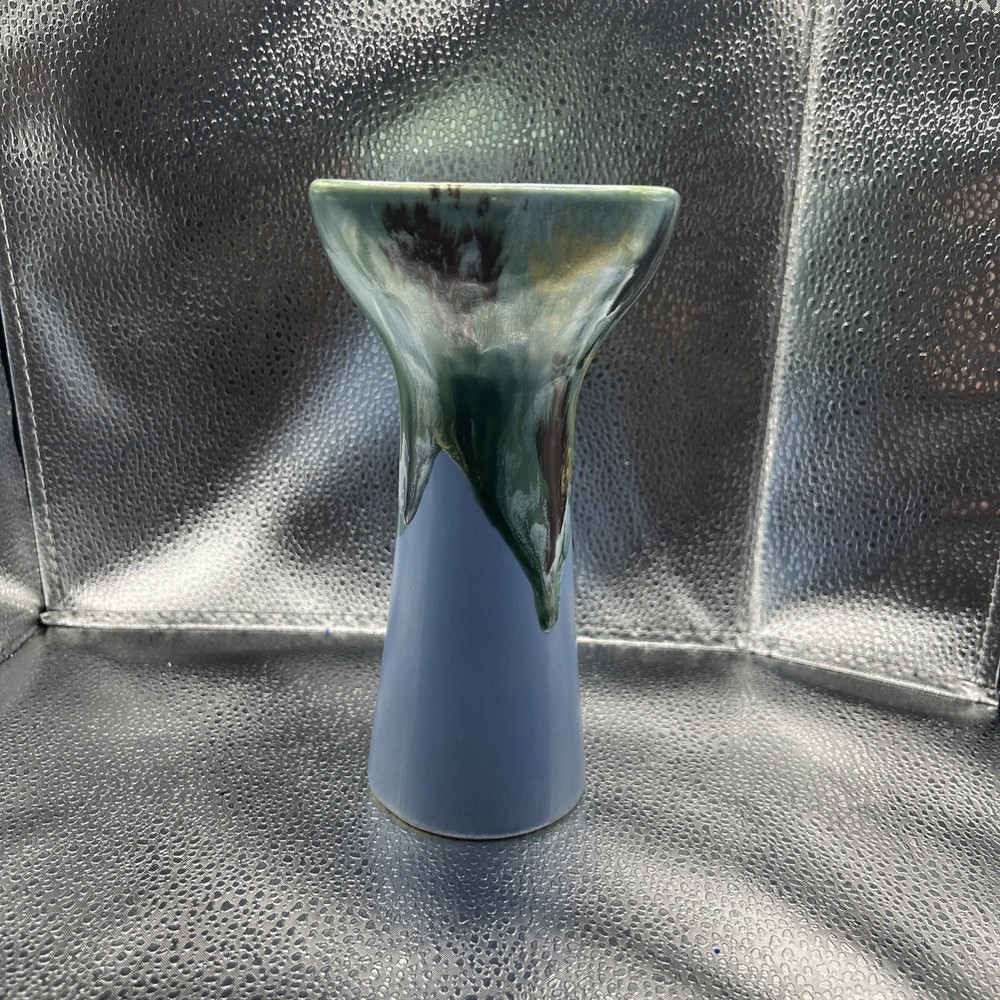 Vintage Green Blue & Beige Drip Glaze Bud Vase Crazed 7.5” Tall Pottery