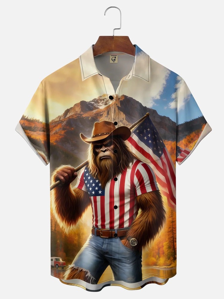 American Flag Bigfoot Chest Pocket Holiday Hawaiian Shirt