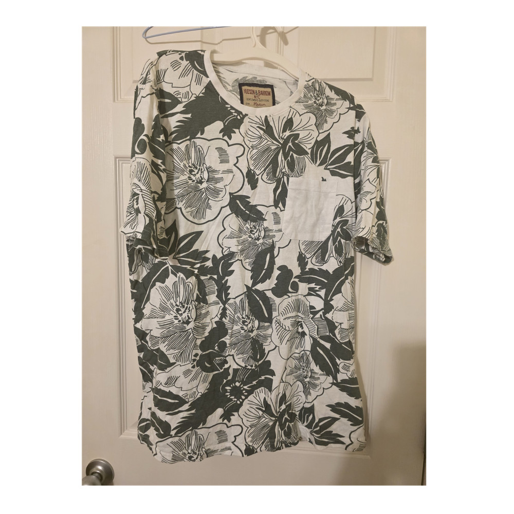 Hudson & Barrow Men's Floral Pocket T-Shirt White Green Medium Cotton Crew