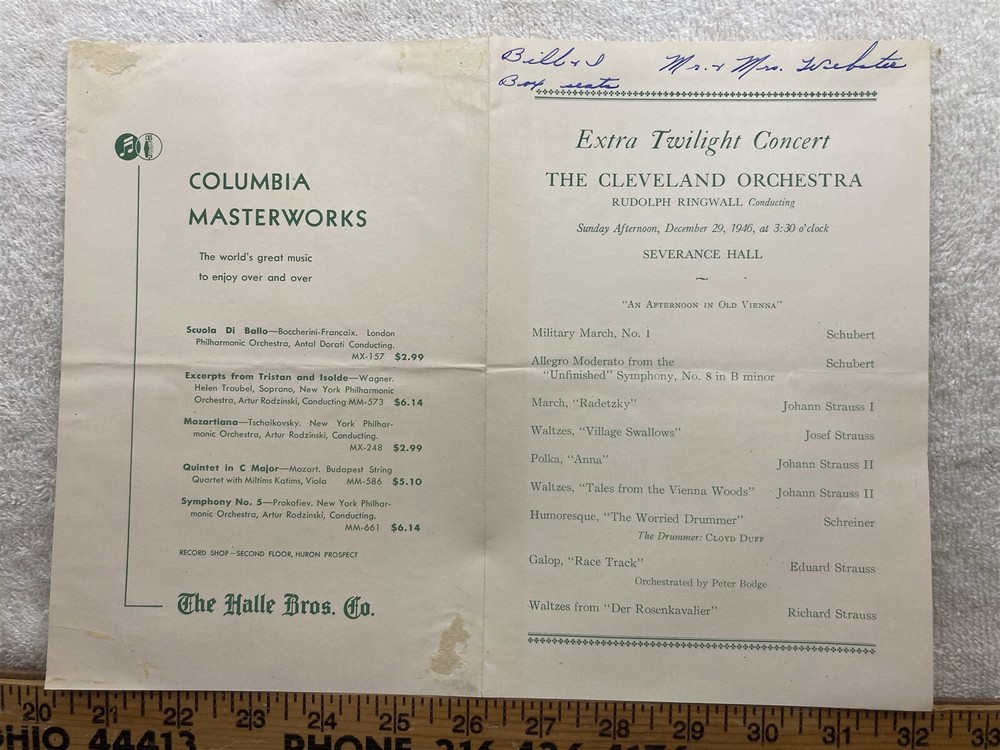 1947 Extra Twilight Concert Cleveland Orchestra Program Ohio Vtg