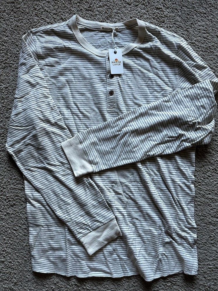 Marine Layer LW Henley Mens Medium Natural Black Stripe Long Sleeve NWT