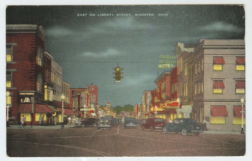 Wooster OH. East on Liberty Street at Night, Traffic. UnPosted Linen Stout's PC