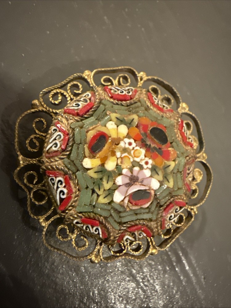 Vintage Italian Micro Mosaic Filigree Floral Brooch Pin Black Red Enamel