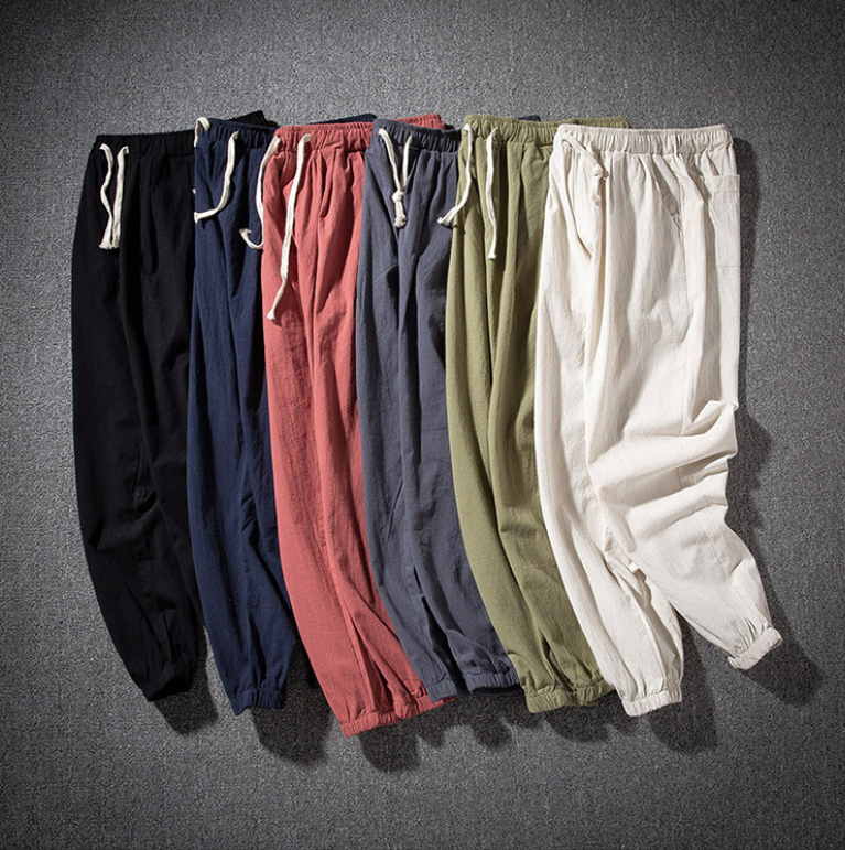 Mens Cotton Linen Trousers Baggy Pants Harem Lace Up Elastic Waist Loose Casual