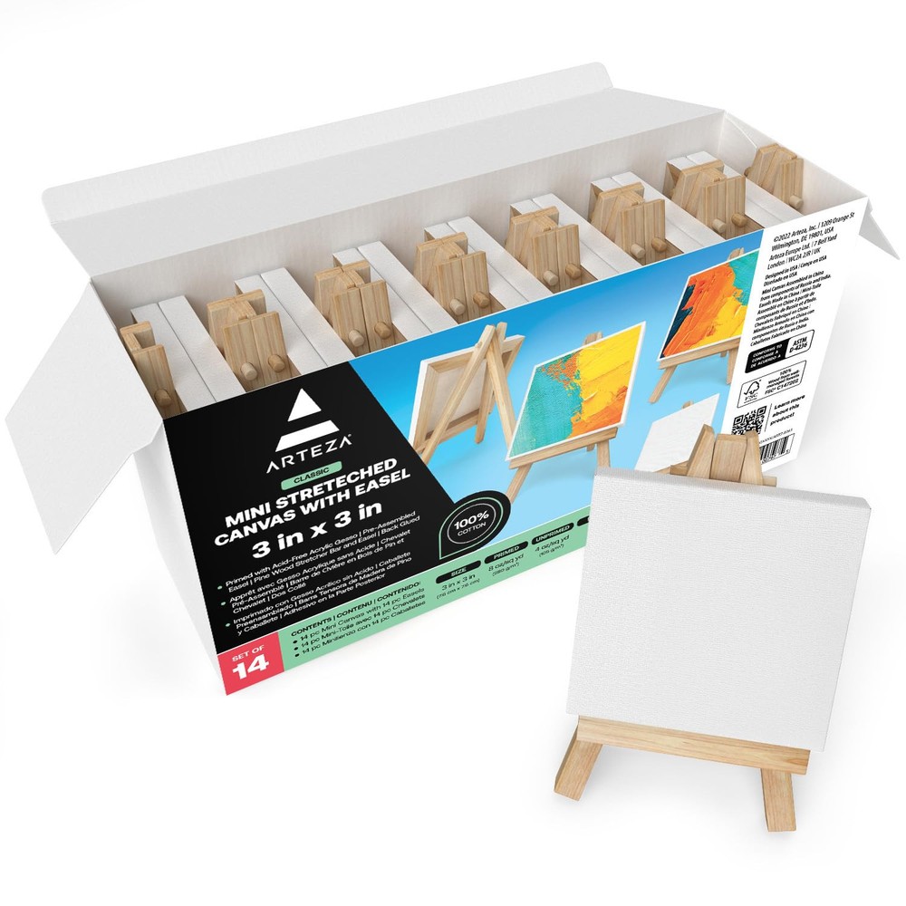 Small Canvases for Painting with Easels, Pack of 14, 3 x 3 Inches, Blank Whit...