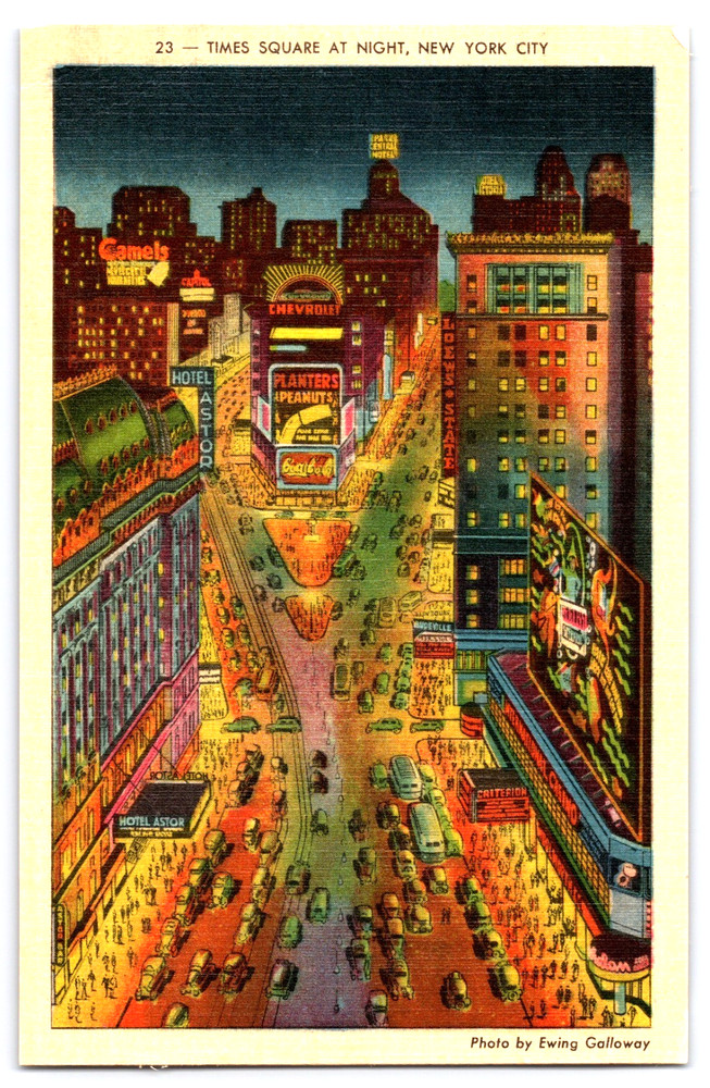 New York City New York Times Square At Night Signs Cars Vintage Linen Postcard