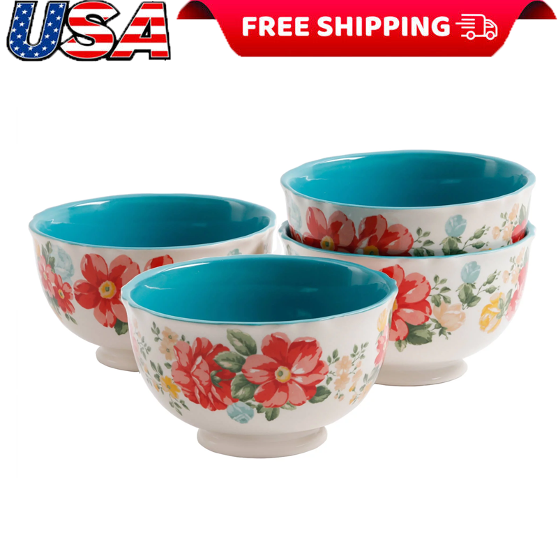 4-Piece Footed Bowl Set Stoneware Vintage Floral Dishwasher Safe Dinnerware NEW