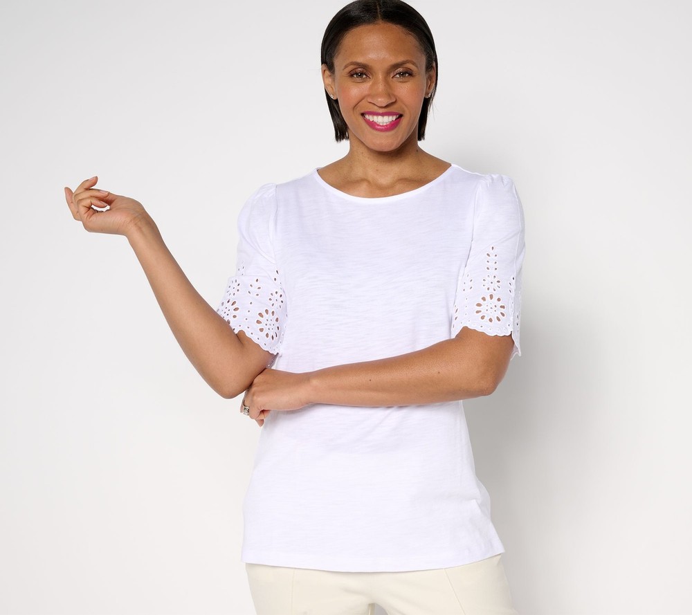 Gloria Vanderbilt Women's Top Sz M Slub Knit Scallop Sleeve White A683335