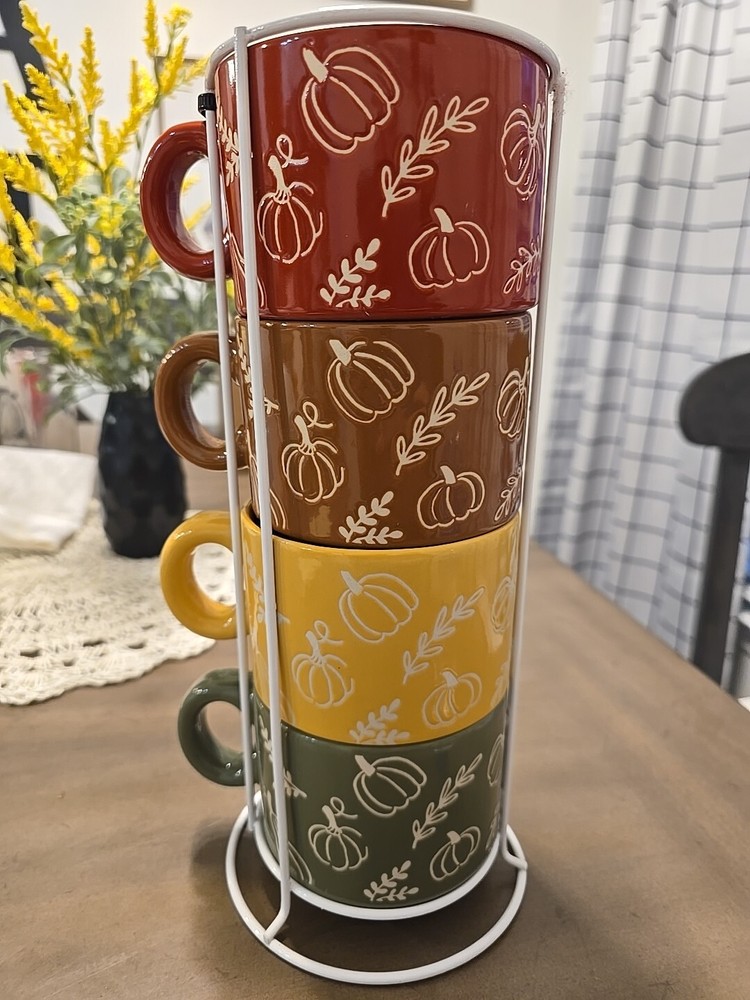 Hobby Lobby 4 Piece Coffee Mug set with Stand  Fall Autumn