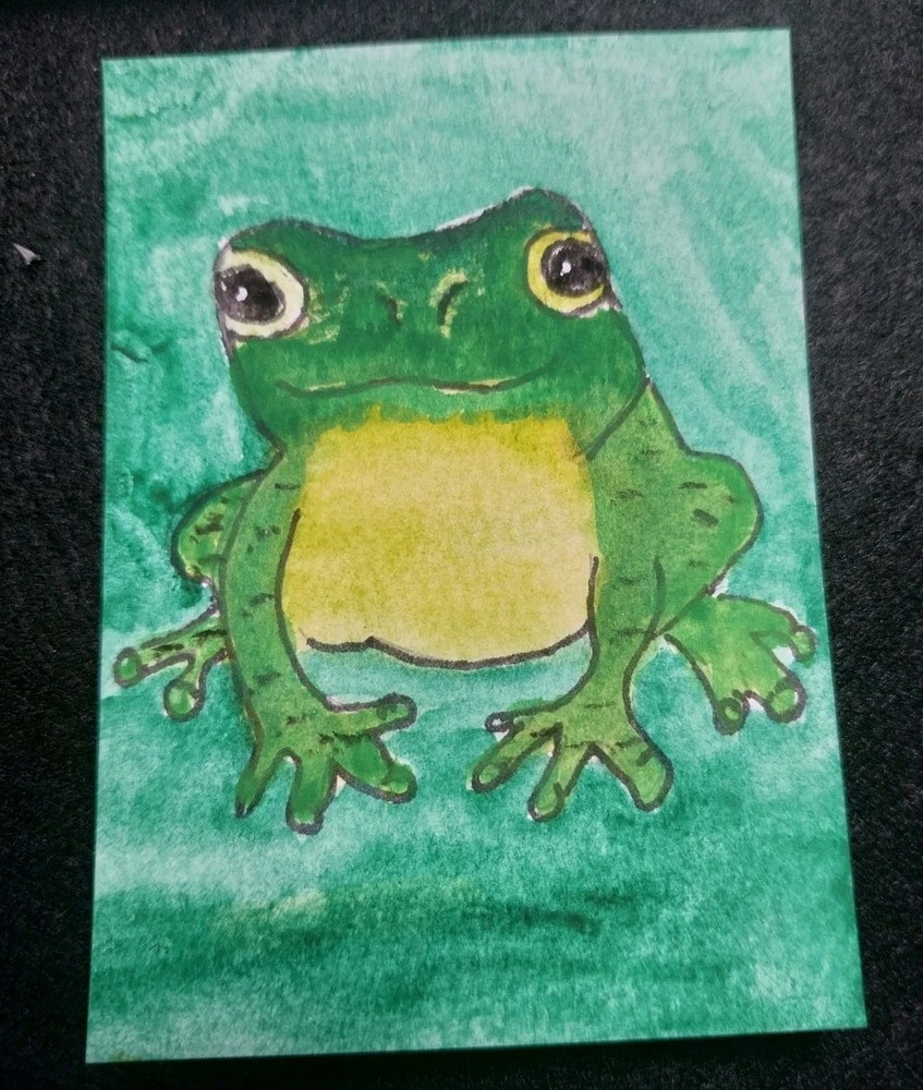 ACEO  Original Art Card ATC Watercolor Frog Water Animals 3.5X2.5 Painting GAT