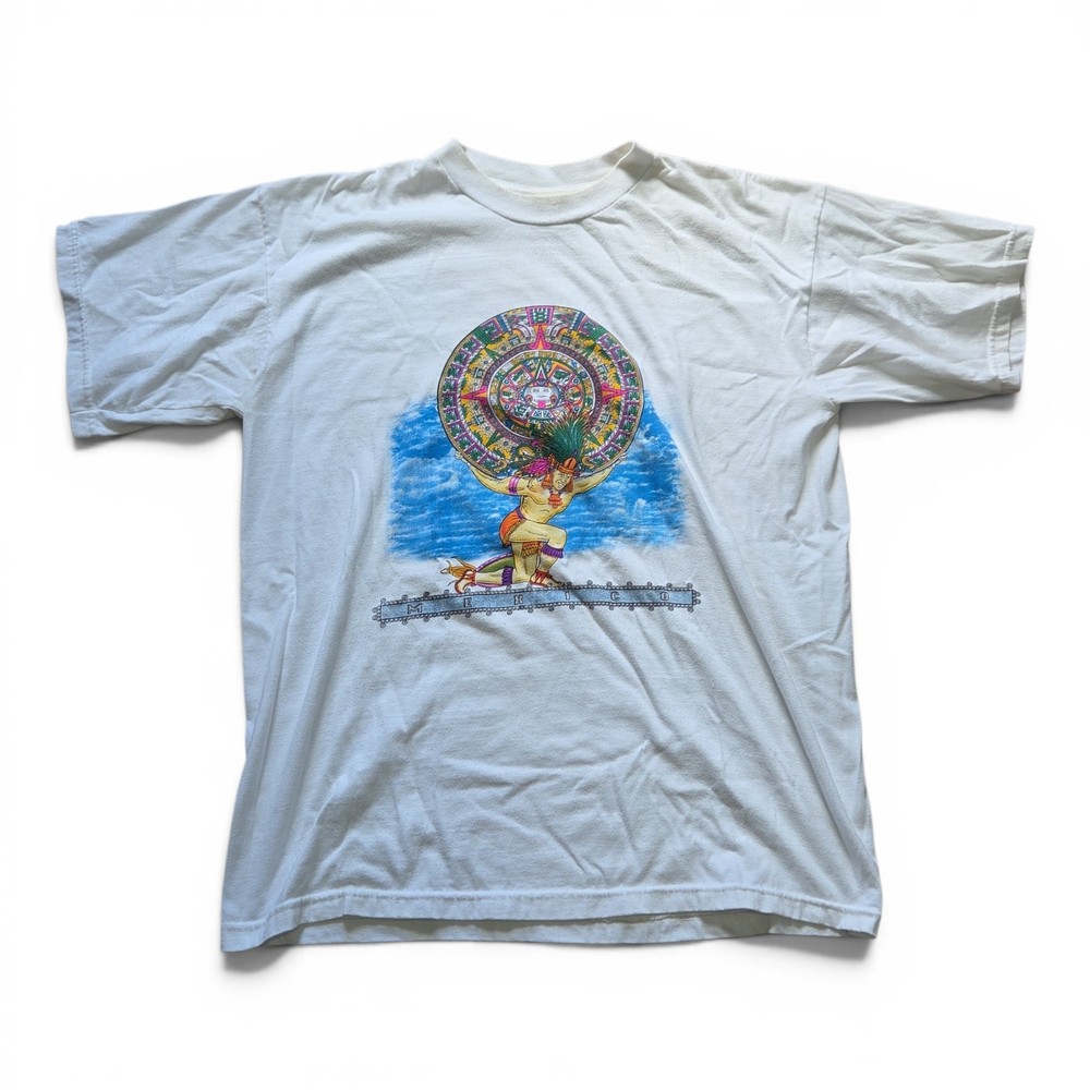 Vtg 90s Mayan Calendar Mexico White T-shirt Mens Size XL Colorful