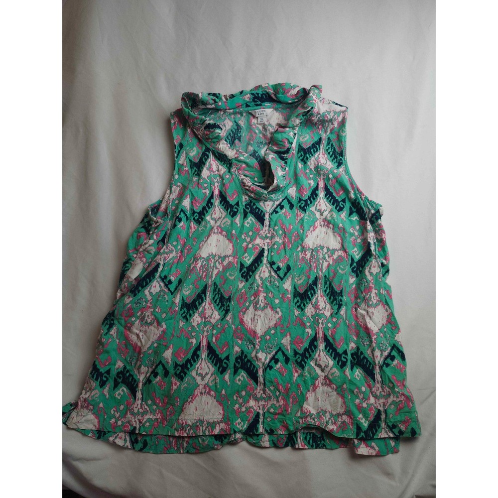 Crown & Ivy Womens XL Green Pink Ikat Print Sleeveless Ruffle Neck Rayon Top