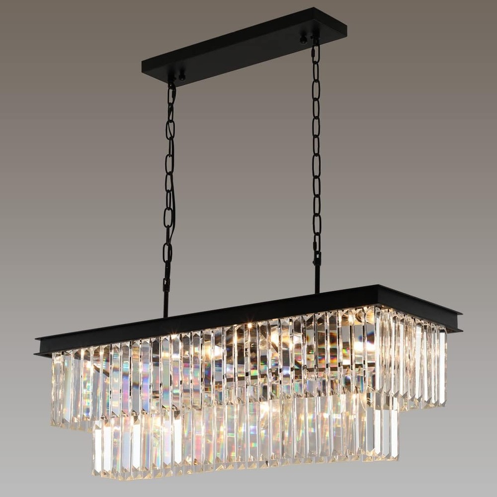Crystal Chandeliers for Dining Room 11-Light Black Modern Chandelier Rectangl...
