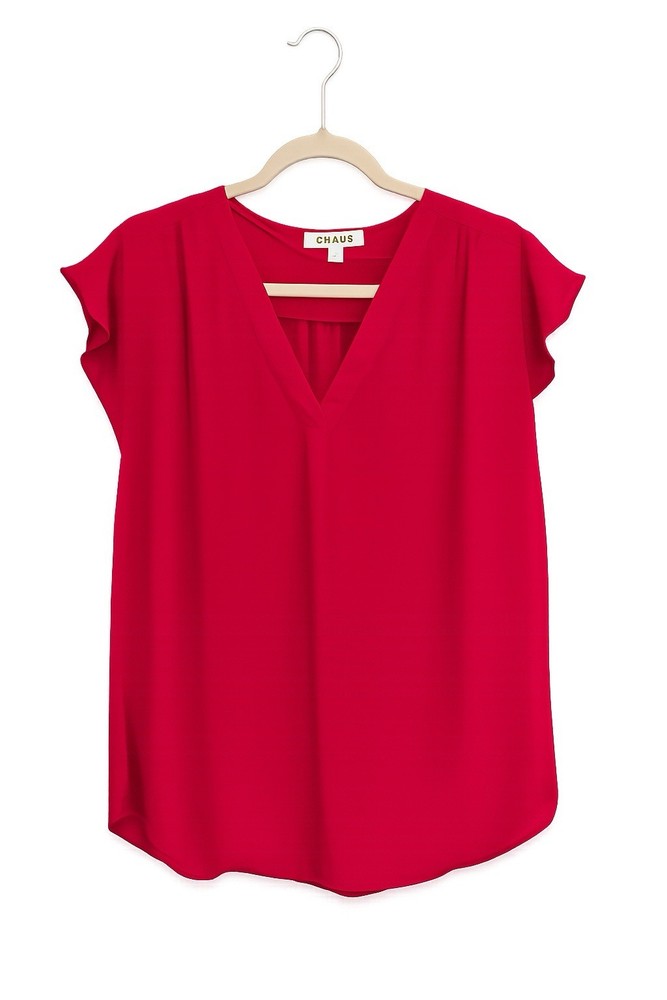 Chaus Women’s M Red Solid V-Neck Flutter Sleeve Chiffon Ruffle Blouse size Med