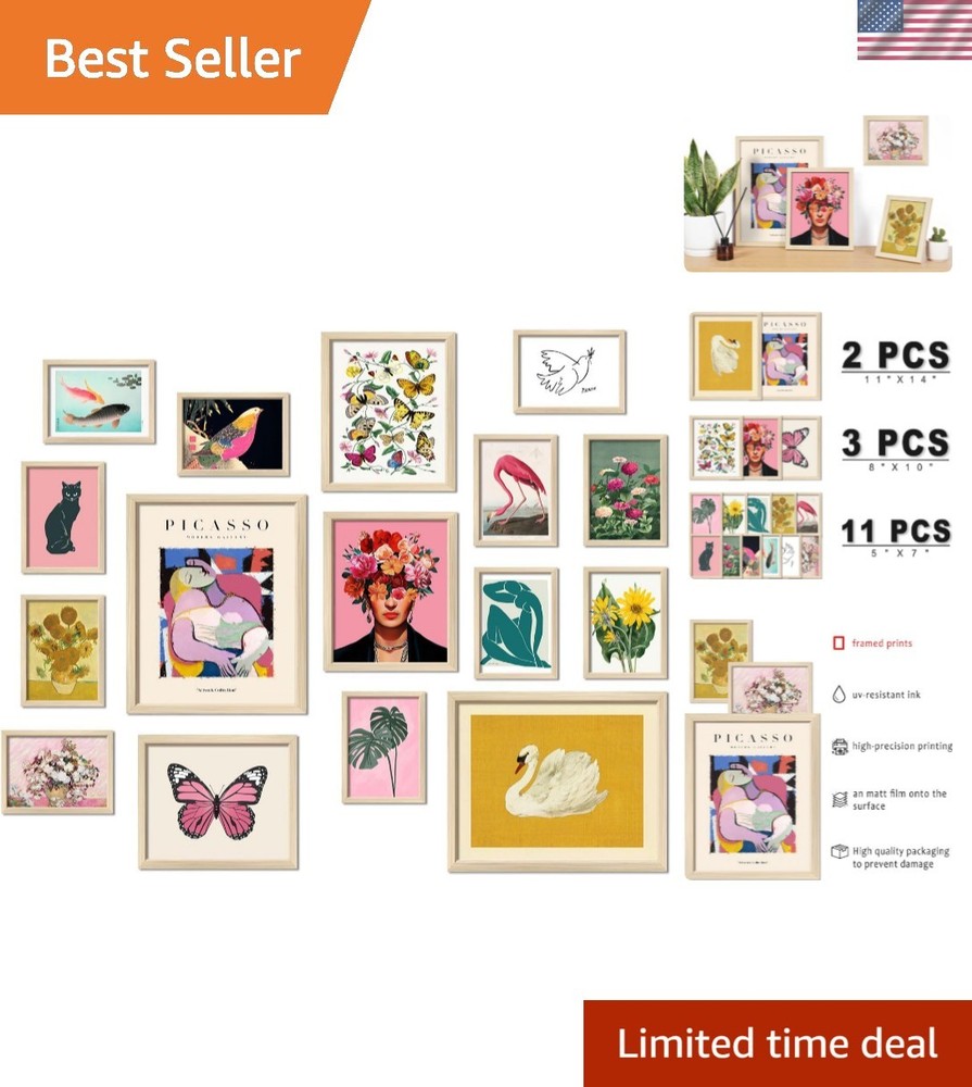 Eclectic 16 PCS Framed Art Prints - Perfect for Collage Walls & Gift Giving