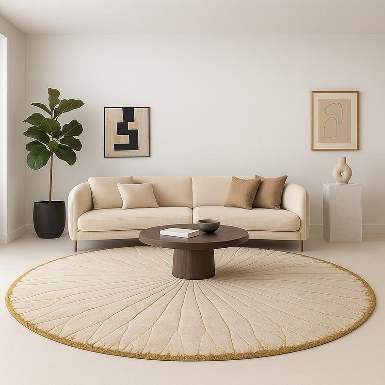 BloomCircle Beige Hand-Tufted Wool Rug | Modern Round Area Carpet | Luxury Soft