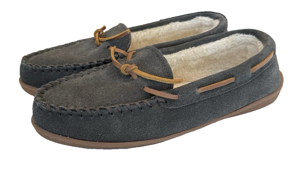 Minnetonka Pile Lined Hardsole Indoor Outdoor Slippers Charcoal Laces Sz 8 FLAW
