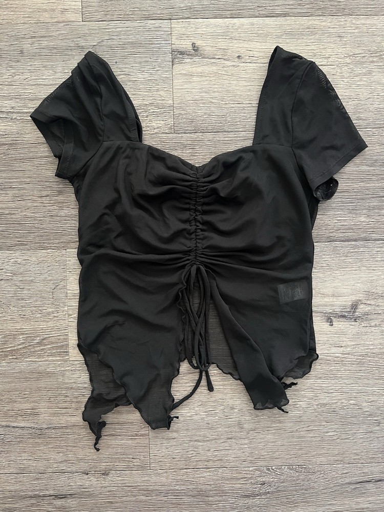 Women’s Black M Cropped Square Neck Puff Sleeve Tie Front Ruffle Blouse