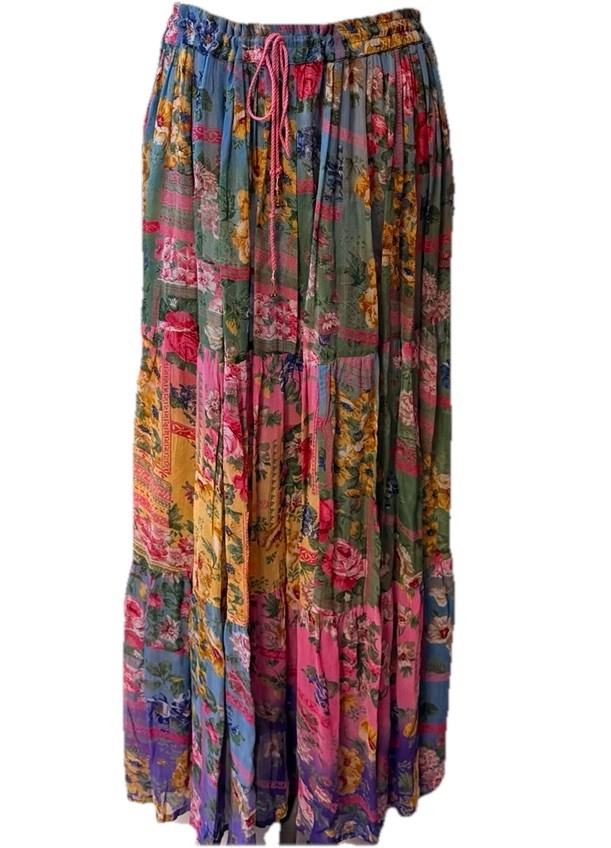 Vintage 90s Tiered Patchwork Skirt Floral  Festival Colorful Maxi Boho LARGE Y2K