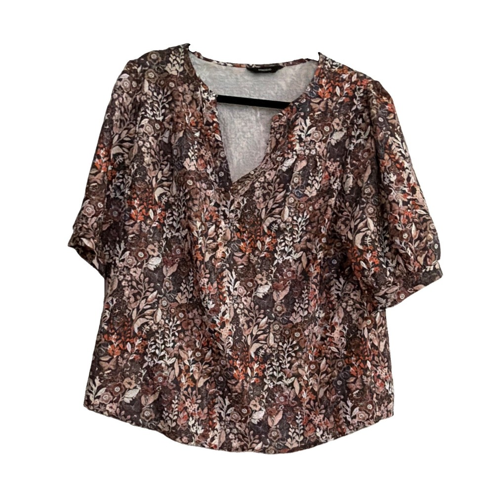 Dokotoo Women’s Floral Chiffon V-Neck Short Sleeve Button Blouse Size L