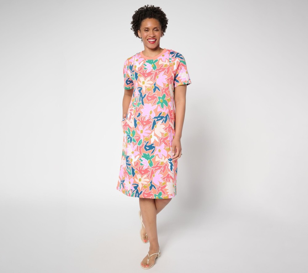 Sport Savvy Women's Plus Sz Dress 1X Printed Cotton Span T-Shirt Pink A691498