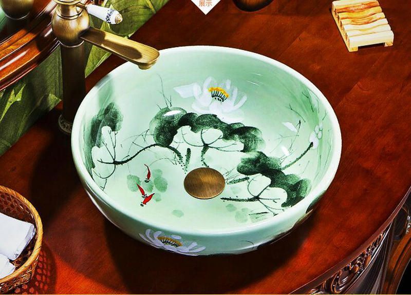 Porcelain Bowl Sink Wash Basins Round Countertops with Handpainted Lotus Designs