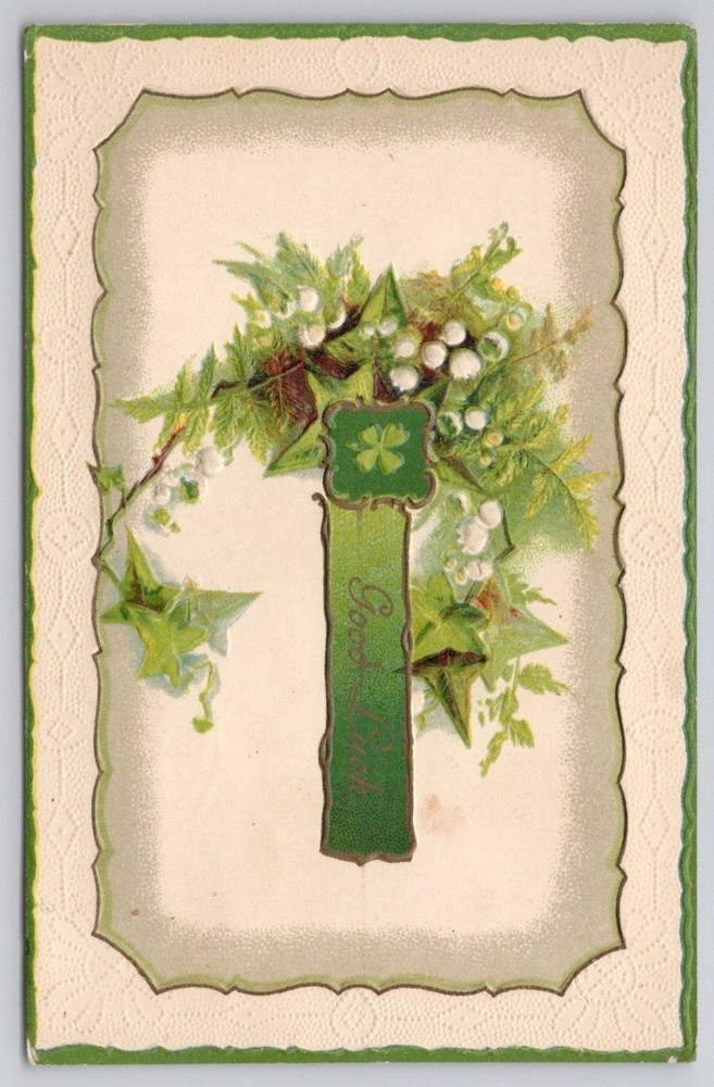 1912 Good Luck Shamrock Ivy Embossed Postcard Bayonne NJ to Milford