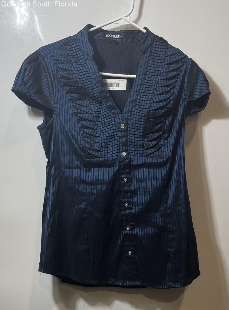 Express Womens Blue Black Pleated Cap Sleeve Split Neck Blouse Top Size Medium