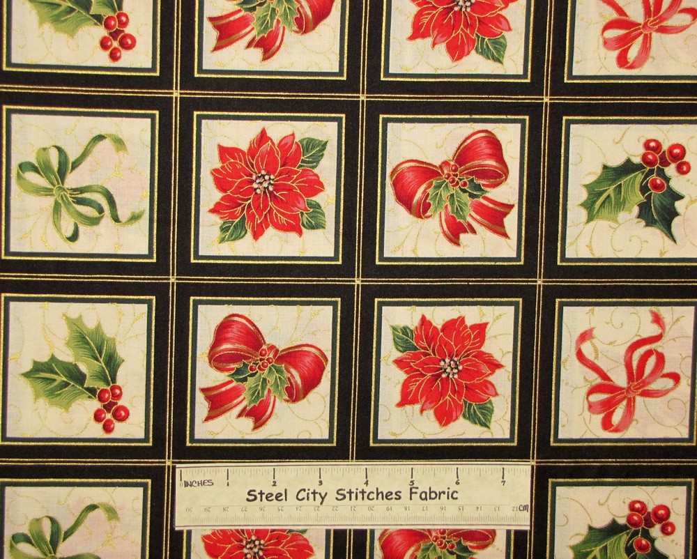 Holiday Magic Bow Poinsettia Christmas Gold Accent Blocks QT Cotton Fabric YARD-image