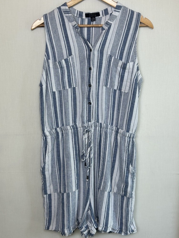 Kelly Renee Women's M Blue White Striped Sleeveless Romper Coastal Chic vibes