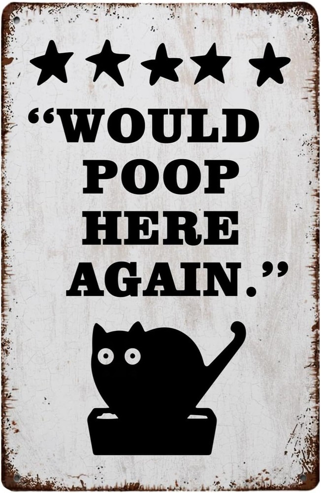 Funny Would Poop Here Again Bathroom Metal Poster, Retro Cat Five Star Rating Me