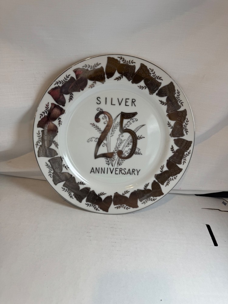 Norcrest Japan Plate 25th Anniversary Silver & White Grains and Bells