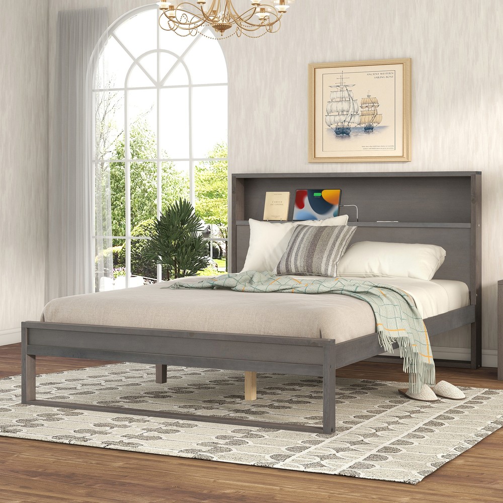 Platform Bed with Storage Headboard,Sockets and USB Ports,Queen Size Platform Be