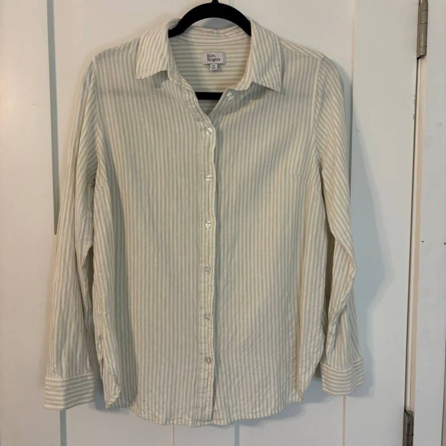 Tan White Striped Linen Blend Roll Tab Button Down Shirt Womens M Beach Coastal