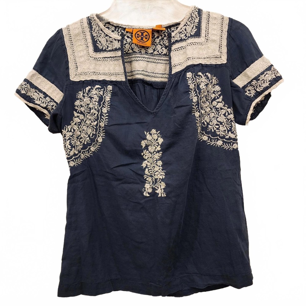 Tory Burch Blue Embroidered Cotton Blouse with white floral SIZE 2
