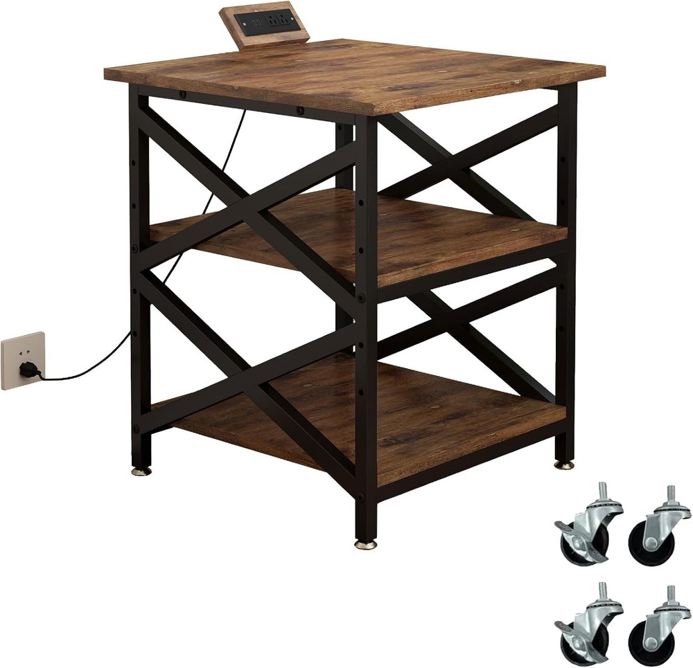 Large Printer Stand with Power Outlet, with Height Adjustable Storage Shelf, 3 T