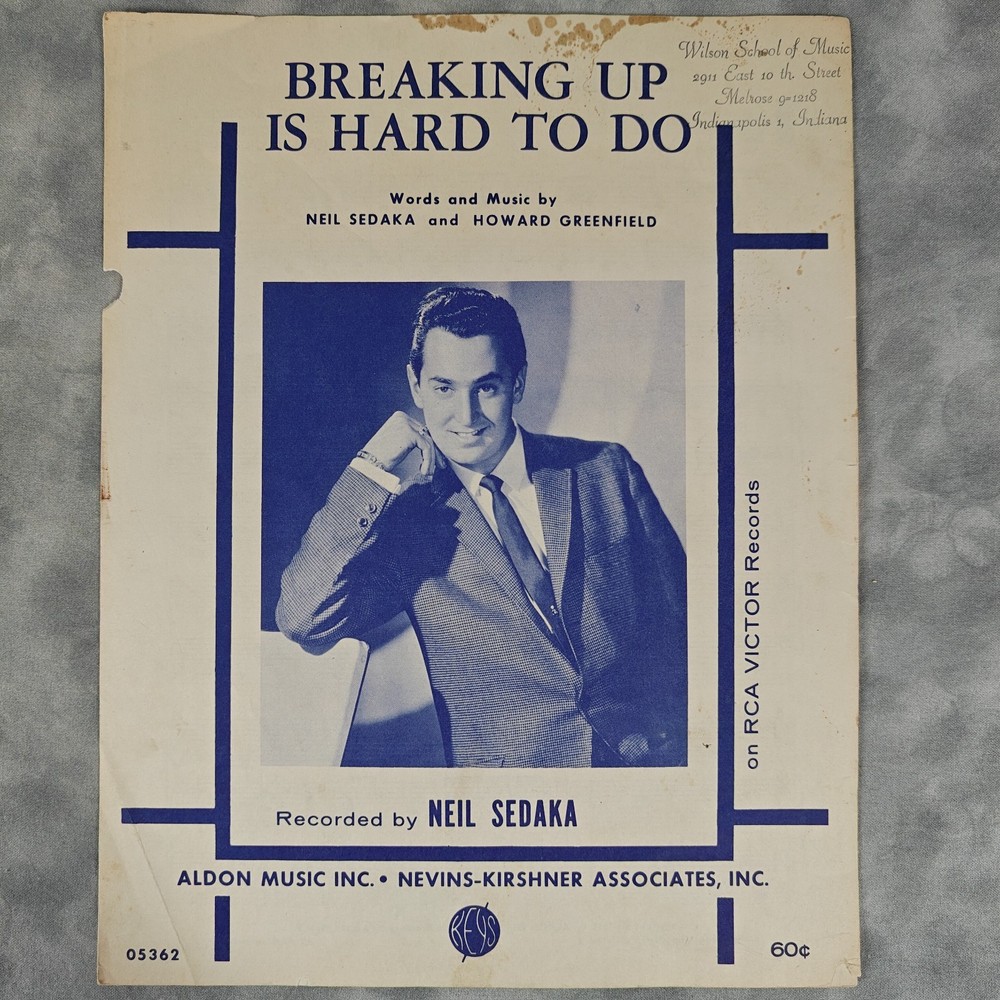 1962 Breaking Up Is Hard To Do Sheet Music Neil Sedaka RCA Photo Piano Vocal 60c