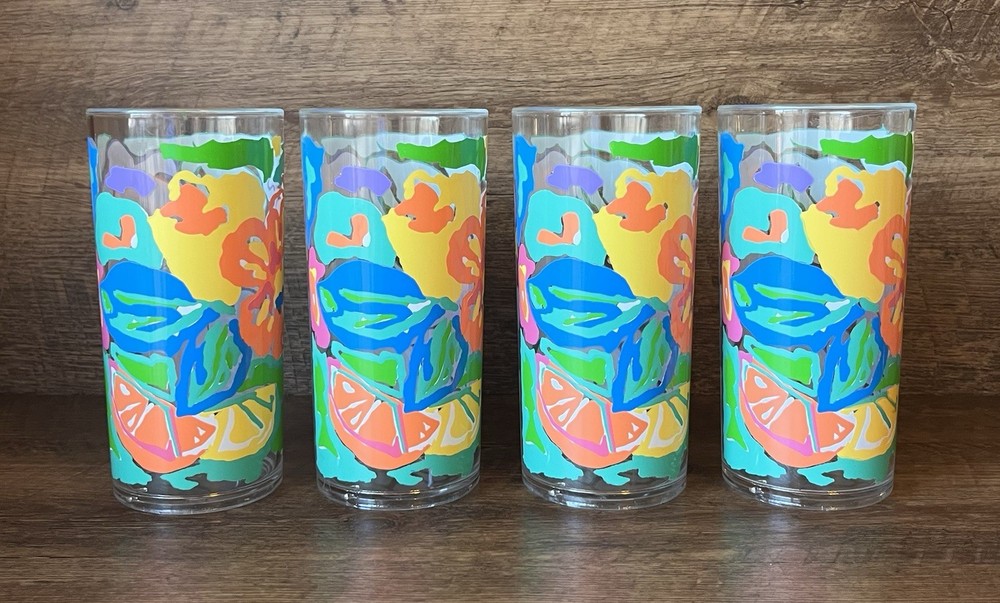 VTG SUMMER OASIS Set 4 TUMBLERS Tropical Fruit Allover 20 oz ACRYLIC CUPS Retro