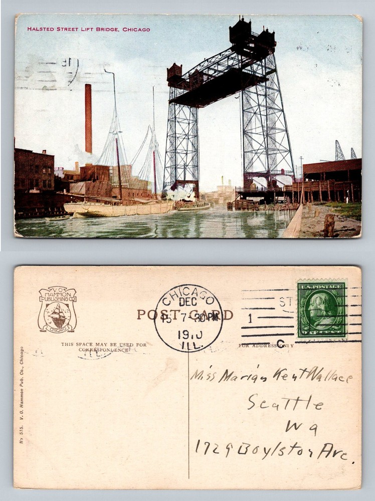 Chicago, IL-Illinois, Halsted St. Lift Bridge Over Canal Vintage c1910 Postcard