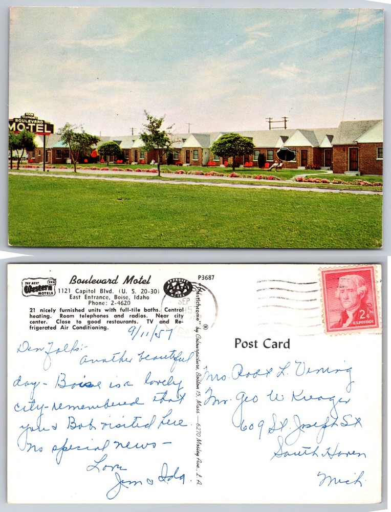 Boulevard Motel Boise Idaho Postcard