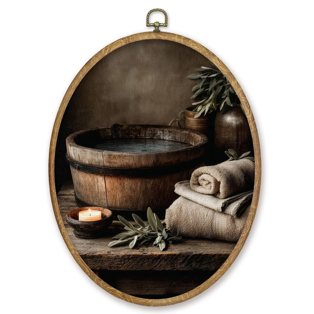 Vintage Bathroom Oval Wall Art Decor, Rustic Farmhouse Canvas Prints Framed, ...