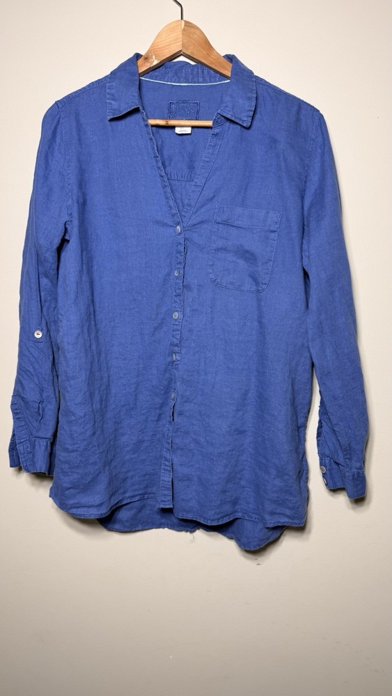 Sigrid Olsen Shirt Womens Large Blue 100% Linen Button Front Tunic Roll Tab